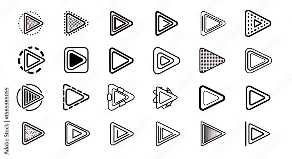 Poster comprehensive vector icon set featuring various play button styles for digital media interfaces webs