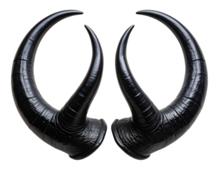 Pair of Glossy Black Curved Demon Horns with Textured Surface, isolated on transparent background