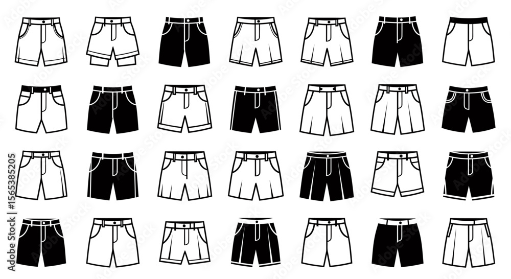 Poster extensive set of casual shorts icons featuring diverse designs from classic styles to modern trends 