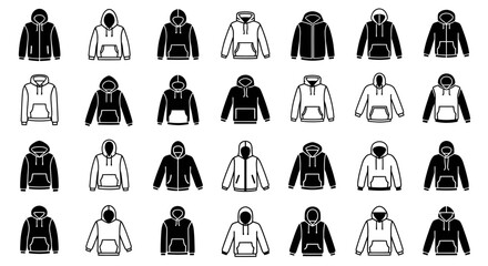 Vector Icon Set Apparel Collection Illustrating Diverse Hoodie and Sweatshirt Styles Featuring Both Silhouette and Outline Designs Ideal for Graphic Design and Fashion Projects