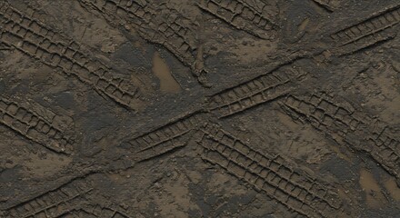 Obraz premium Muddy ground with deep intersecting tire tracks and small puddles
