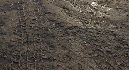 Muddy ground with distinct tire tracks cracked earth and shimmering wet patches reflecting light