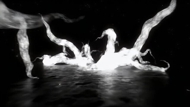 Ethereal tendrils rise from reflective water under a starlit void