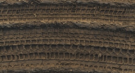 Multiple distinct tire tread patterns deeply impressed into textured damp brown earth or mud