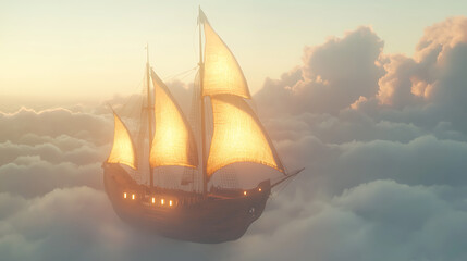 A large ship sails through the sky, with the sun shining brightly on its sails