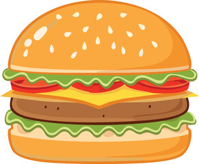 A juicy cheeseburger, complete with sesame seed bun, lettuce, tomato, and melted cheese.