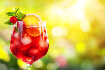 Fresh fruit beverage, sangria in in a transparent glass