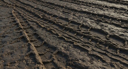Numerous deep tire tracks pressed into dark wet textured mud on an outdoor surface