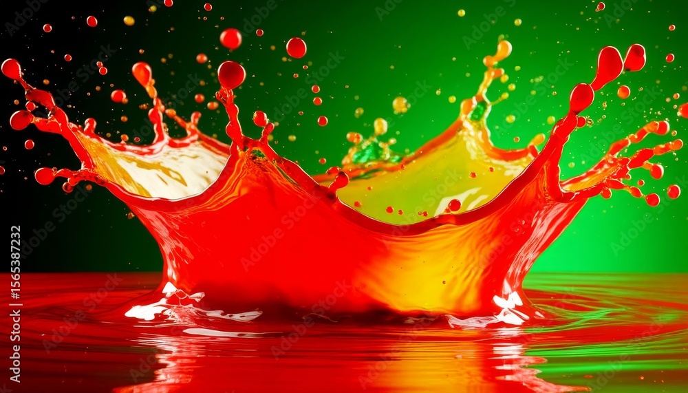 Aufkleber a vibrant splash of red and yellow paint creates a dynamic scene against a deep green background, ca