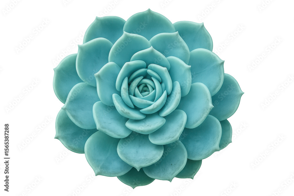 Poster turquoise succulent displaying intricate leaf symmetry, forming delicate rosette pattern with dense,