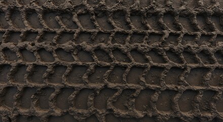 Overhead shot of dark wet mud with distinct deeply impressed chevron tire tread patterns