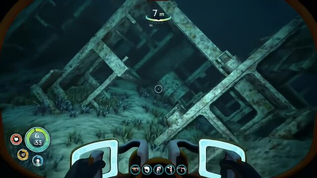 POV looking through submarine view toward a sunken, broken structure underwater