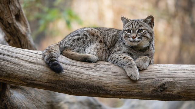 Fishing cat or Mangrove cat (Prionailurus viverrinus) rests on a perch