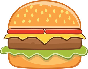Cartoon illustration of a hamburger with bun, patty, cheese, tomato, and lettuce.