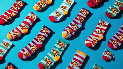Colorful socks with pizza designs showcased on a vibrant blue background, highlighting unique styles and playful patterns for fashion enthusiasts of all ages