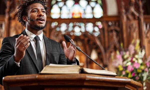 A speaker delivers a sermon in a church with stained glass and wooden carvings, holding a book