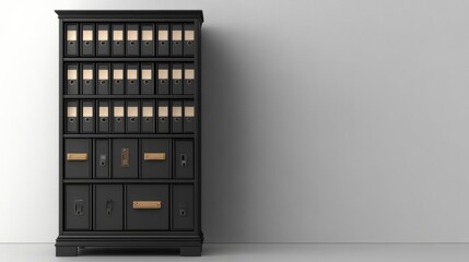 A single document cabinet with details on a plain white background emphasizes the neatness of the office.
