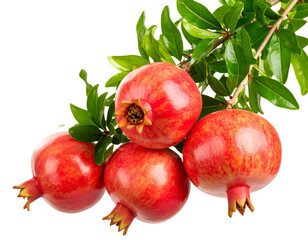 Pomegranate Tree Branch with Ripe Red Pomegranates and Green Leaves, isolated on transparent background