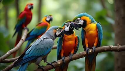 Obraz premium A group of colorful macaws perched on a tree branch in a lush green tropical environment outdoors