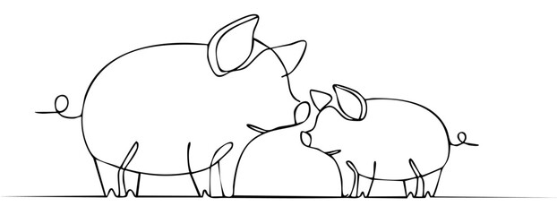 A mother pig lovingly embraces her baby pig, illustrated in a continuous line drawing. This minimalist artwork captures the bond between a mother and child, and a gentle tenderness.