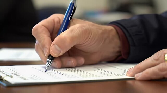 Hand with ring signs document on a clipboard with blue pen on a brown wooden desk