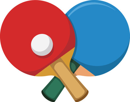 A close up of two ping pong paddles one red with a ball and one blue on a white background design