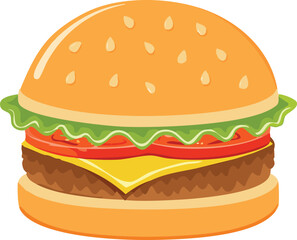Cartoon illustration of a classic cheeseburger with sesame seed bun, lettuce, tomato, and cheese.