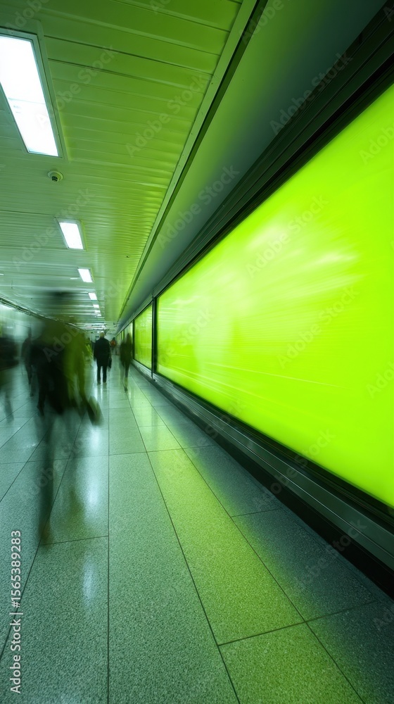 Poster artistic view of an underground subway corridor with a vivid green screen billboard framed by the mo