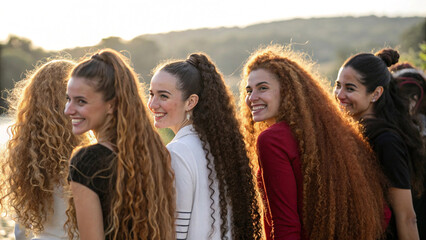 Five young women with long, curly hair, laughing together outdoors at sunset; joyful, carefree friendship.