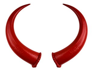 Side View of Red Curved Demon Horns with Sharp Tips, isolated on transparent background