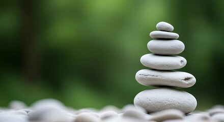 Fototapeta premium A Balanced Stacked Stone Sculpture Against a Soft Green Background Representing Tranquility and Nature