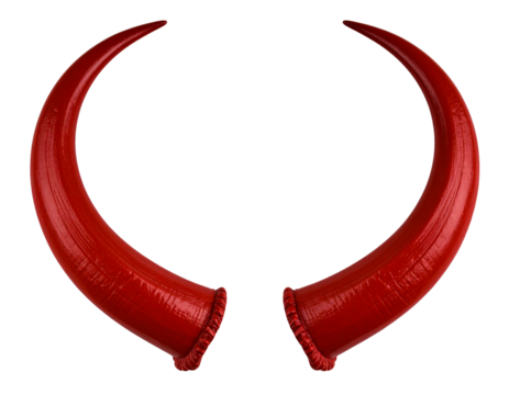 Side View of Red Curved Demon Horns with Sharp Tips, isolated on transparent background