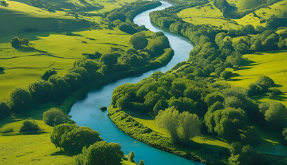 An aerial view of a winding river through a lush green valley
