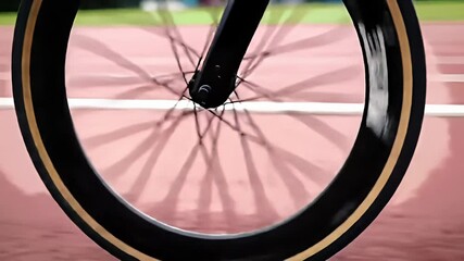 A bicycle wheel, angled, with a brown tire, in front of a track with lines
