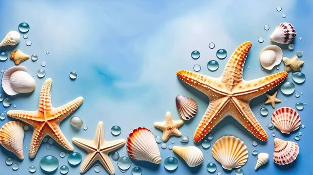 Flat lay composition with starfish and sea shells on a blue background, top view with copy space for text. Summer time concept.