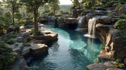Fototapeta premium Amazing pool Multi-level cascade connects different sections dynamic flow mimicking river currents