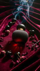 The textures of the velvet and the bottle's ribbed design are emphasized, with the velvet showing a soft, luxurious feel.png