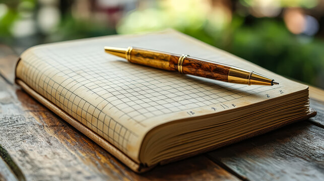 Pen sits on top of a notebook with a grid pattern. The pen is gold and has a wooden barrel. The notebook is open to a page with a grid pattern - Powered by Adobe