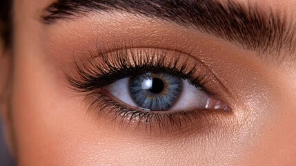Obraz premium Close-up of a woman's eye with false lashes and light makeup