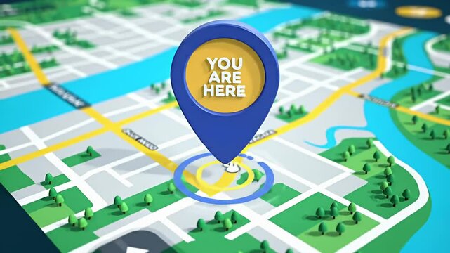 Stylized map with a "You Are Here" pin over yellow roads and blue river illustration