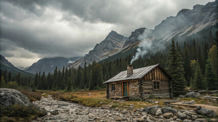 Rustic Log Cabin in Mountain Valley, Dramatic Cloudy Sky, Smoky Chimney, Serene Autumnal Landscape.