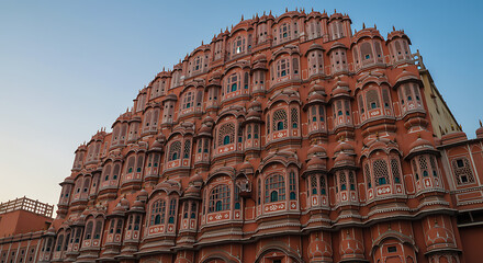 Obraz premium A magnificent facade of the Hawa Mahal, a stunning pink sandstone palace in Jaipur, India.