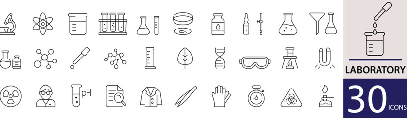  Minimal Laboratory Line Icon Set 30 Outline Designs for Science, Research, and Medical Themes.