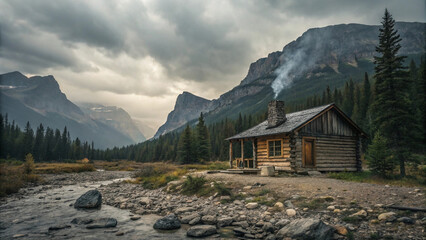 Rustic Log Cabin Retreat: Serene Mountain River, Dramatic Cloudscape, Smoky Chimney