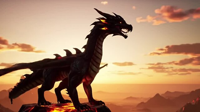 Lava-winged dragon perched on a volcanic crag during a golden sunset