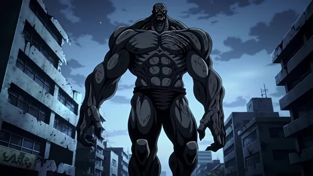 Imposing muscular figure stands in ruined city, viewed from below in dark hues