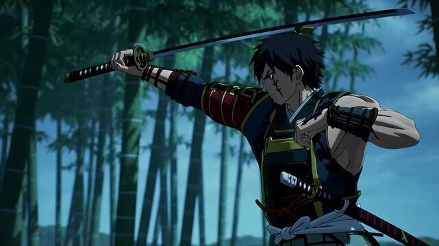 Animated man with sword stance in forest. Anime-style, detailed, and vibrant art