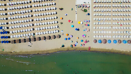 Italy, July 03, 2025: Aerial drone view of San Vito Chietino, a seaside resort on the Trabocchi coast. Here the sea is crystal clear and the area is very relaxing and full of tourists