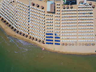 Italy, July 03, 2025: Aerial drone view of San Vito Chietino, a seaside resort on the Trabocchi coast. Here the sea is crystal clear and the area is very relaxing and full of tourists