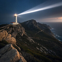 Serene Night Lighthouse Beam Illuminating Coastal Cliffs, Starry Sky, Dramatic Landscape